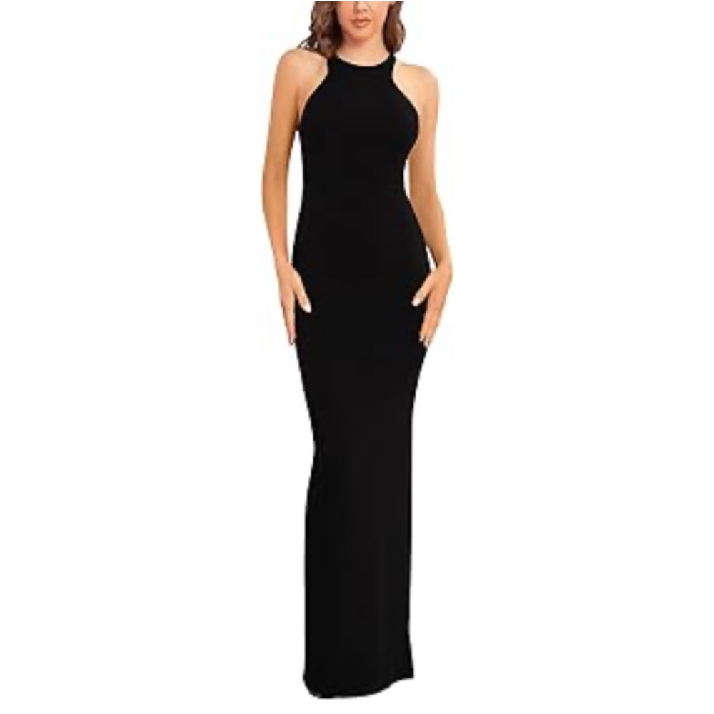 Black High Neck Open Back Maxi Dress with Low Slit